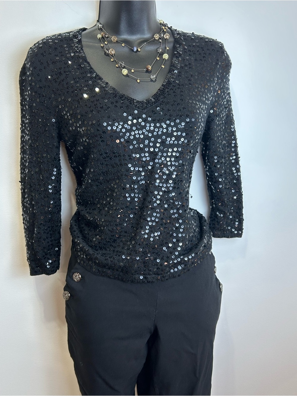 Talbots Silk & Cashmere Blend Black Sequin V-Neck Petite Top